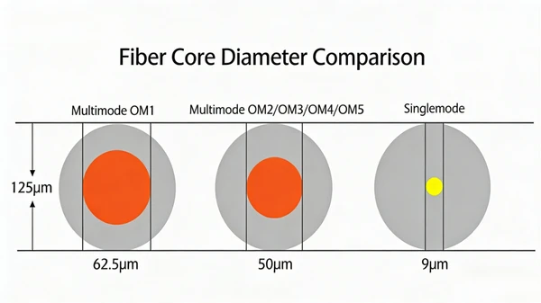 Single-mode and multimode fiber core diameter comparison showing 9-micron core with single light path versus 50-micron core with multiple light paths