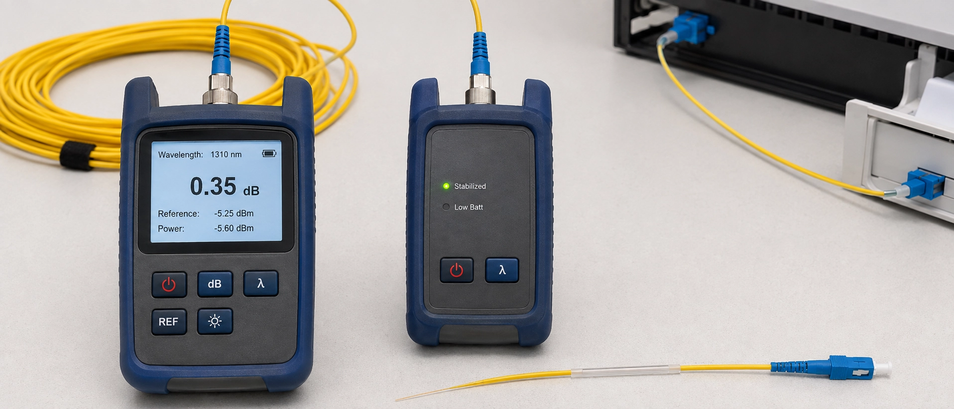 Optical Loss Test Set OLTS handheld power meter measuring end to end insertion loss for TIA-568.3-D Tier 1 fiber pigtail certification testing